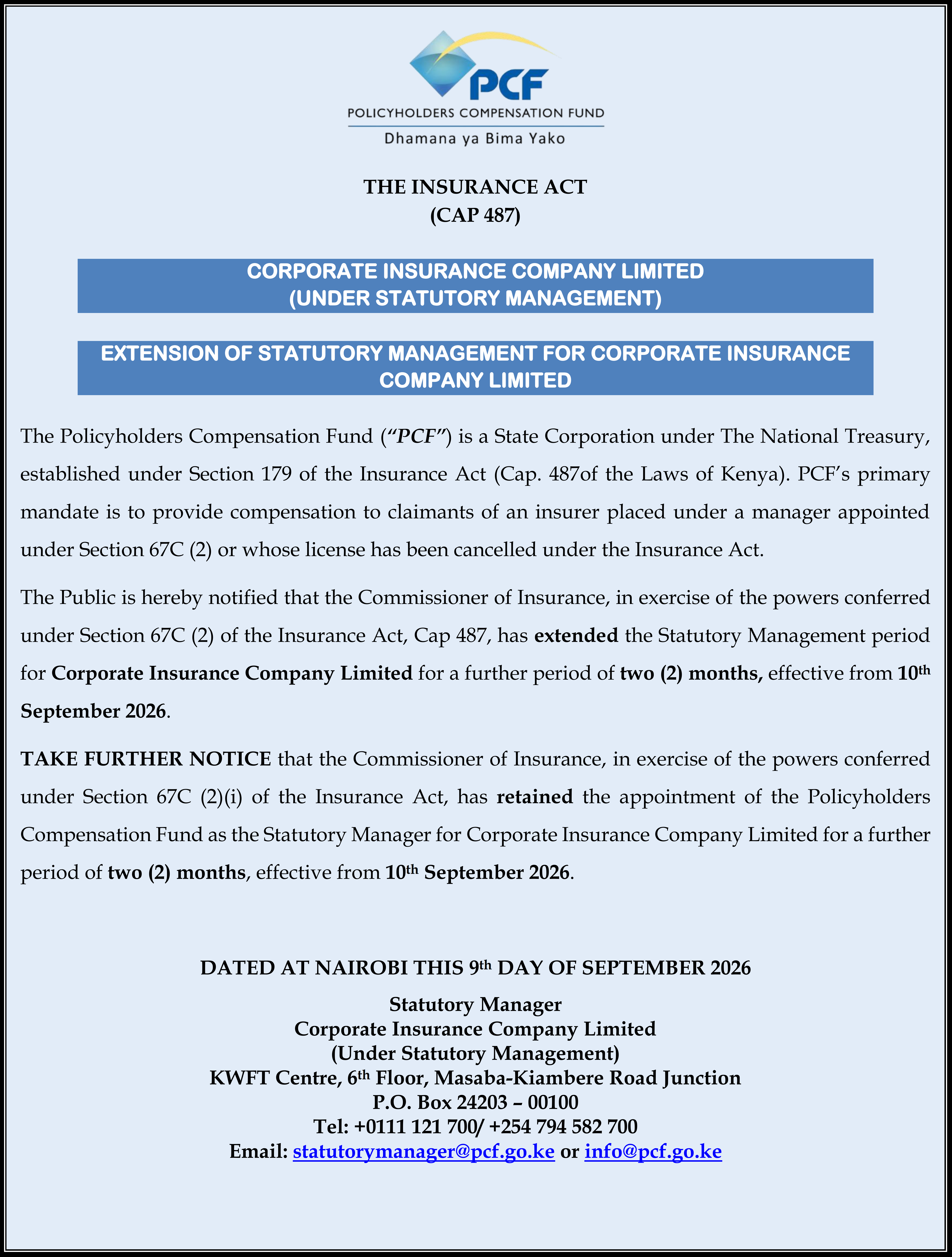 Extension of Statutory Management for Corporate Insurance Company Limited